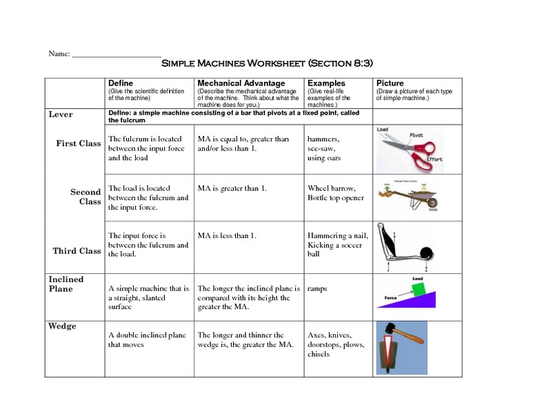 Simple machines worksheet answer key